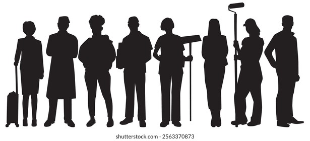 silhouette of various professional. set of different occupation people group. various professions and specialists standing together 
