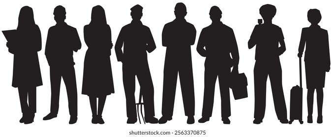 silhouette of various professional. set of different occupation people group. various professions and specialists standing together 
