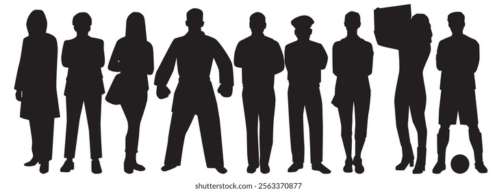 silhouette of various professional. set of different occupation people group. various professions and specialists standing together 
