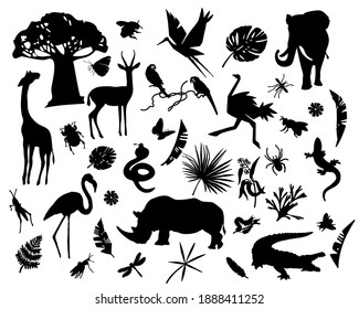 Silhouette de varios animales salvajes de África.  ilustración con colección de animales aislada en fondo blanco. Flora y fauna de África