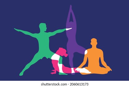 Silhouette of various yoga poses with reflection on the ground. Beautiful colorful vector illustration for yoga classes promo material, poster, website.