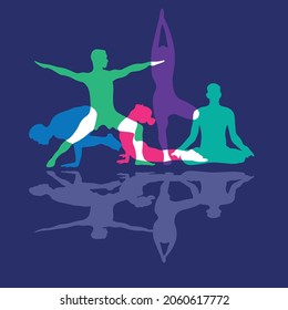 Silhouette of various yoga poses with reflection on the ground. Beautiful colorful vector illustration for yoga classes promo material, poster, website.