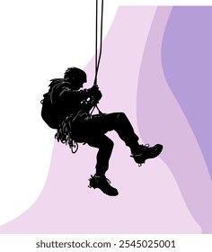 Silhouette Vektor eines Abenteuer-Enthusiasten männlichen Bergsteiger Hängen von einem Kletterseil, auf einem abstrakten pastellfarbenen Hintergrund. Ideal für Abenteuer- und Outdoor-Aktivitäten.