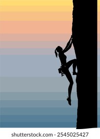 Silhueta Vetor de uma Escaladora de Rock Feminina Aventureira Escalando um Penhasco Vertical, Definido Contra um Fundo Pôr do Sol Gradiente. Perfeito para Aventura, Esportes ao ar livre e Temas de Fitness.