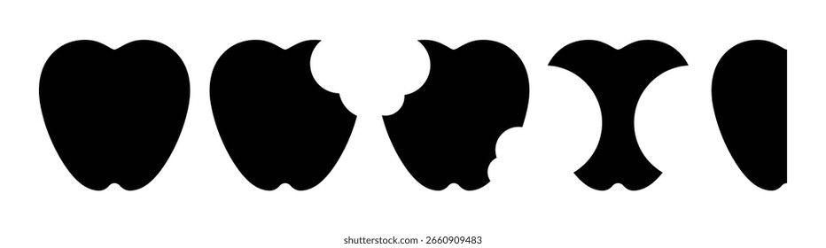 Ein Silhouettenvektor eines Apfels, der allmählich von ganz bis zum Kern gegessen wird. Minimalistische schwarze Formen auf weißem Hintergrund. Perfekt für Lebensmittelkonzepte, Essprozesse oder gesundheitsbezogene Designs.