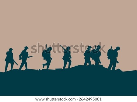 A silhouette vector of armed soldiers walking in formation on a battlefield.This flat war illustration is ideal for military-themed content, documentaries, posters, and historical warfare graphics