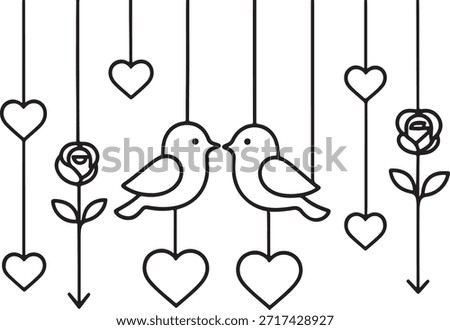 Silhouette vector art of hanging Valentine’s Day elements including hearts, arrows, roses, and lovebirds