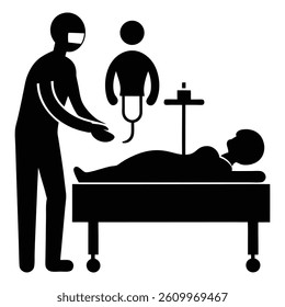 Silhouette vector art of a liposuction procedure in a modern clinic. A doctor uses a suction device on a patient lying on a treatment table, with equipment in view, in clean black silhouette.