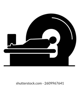 Silhouette vector art of a patient undergoing an MRI scan, lying on a scanner table with the MRI machine in view. Shown in clean black silhouette on a white background.