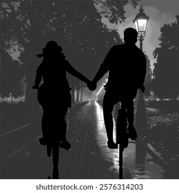 "Silhouette vector art of a romantic couple holding hands while cycling in a rainy park. Perfect for love-themed designs, digital prints, posters, wedding invitations, and creative projects."