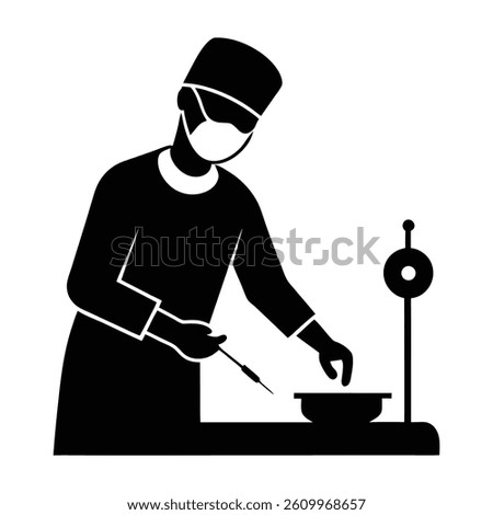 Silhouette vector art of a surgeon performing an operation in an operating room. The surgeon wears scrubs and gloves, using surgical tools, shown in clean black silhouette on a white background.