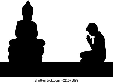 Silhouette vector of Asian young man pay homage to Buddha statue, Buddhist respect, Hands folded in prayer concept for faith, spirituality and religion.