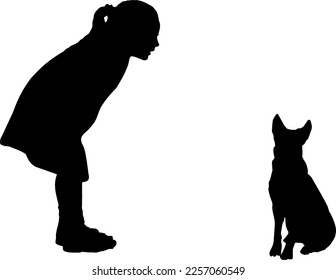 Silhouette Vector of a baby girl and her pet - a dog. Concept of children and their dog pets