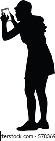 Silhouette vector of back view of standing young beautiful woman using a mobile phone. girl watching. Rear view people collection. backside view of person. Isolated over white background.