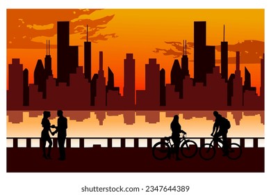 
silhouette vector background landscape, romantic at dusk with views of buildings, lake, standing two couples on the edge of the city bridge. suitable for home wall wallpapers, covers, screen printing