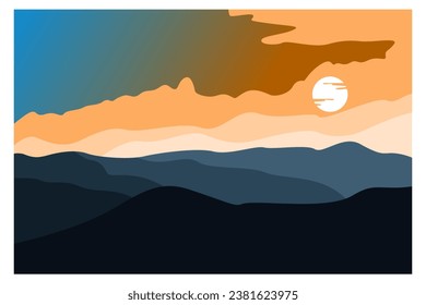 silueta, fondo vectorial de las montañas, paisaje, hermoso panorama de la salida del sol