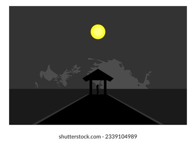 

escena nocturna de la playa de fondo vector de silueta, mujer parada sola en el puente en
bajo la luna llena, lo que aumenta la belleza. decoración de pared, fondo.