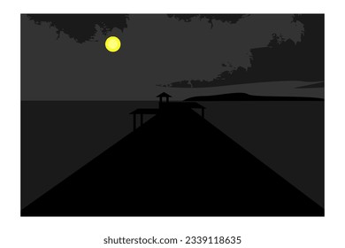 silhouette vector background night view of the beach, bridge and full moon light which adds to the beauty. wall decoration, background.