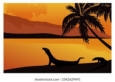 
silhouette vector background, panorama of komodo island in indonesia. view of Komodo Island at sunset with silhouettes of coconut trees and Komodo dragons on the edge.