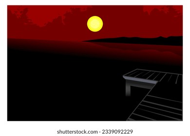 
vista de fondo de la playa vectorial de silueta, puente, que está decorado con un cielo rojo por la noche con luz de la luna que se añade a la belleza.