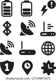 Conjunto de ícones de rede Bluetooth Wi-Fi da bateria do vetor da silhueta