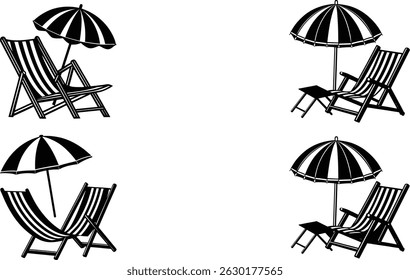 "Silhouette Vector of Beach Chair and Umbrella Icon – Summer Vacation Relaxation Symbol, Tropical Holiday Graphic, Travel Clipart Design"