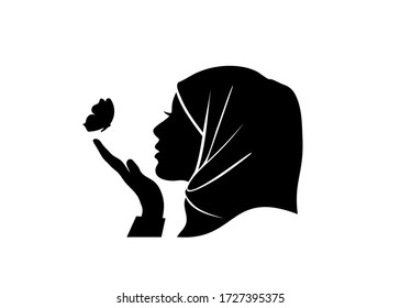 silhouette vector of beauty hijab women looking butterfly in her hand