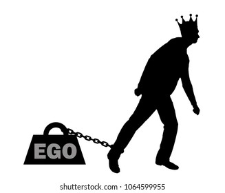 Silhouette vector big weight in the form of an ego is chained to the foot of a selfish and narcissistic man with a crown on his head.  Concept of egoism as a problem interfering with living a full 