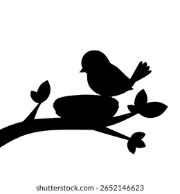 Vetor de silhueta de um pássaro empoleirado ao lado de um ninho em um galho de árvore. Estilo minimalista de ícone preto ideal para ilustrações relacionadas a logotipo, símbolo ou vida selvagem