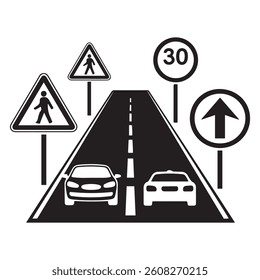 Silhouette Vector Black car road icons set. Highway symbols. Road signs. with white background