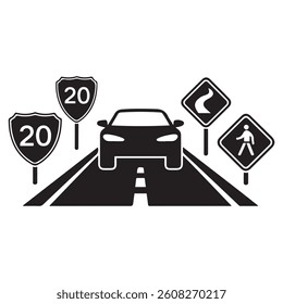 Silhouette Vector Black car road icons set. Highway symbols. Road signs. with white background