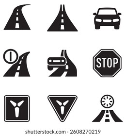 Silhouette Vector Black car road icons set. Highway symbols. Road signs. with white background