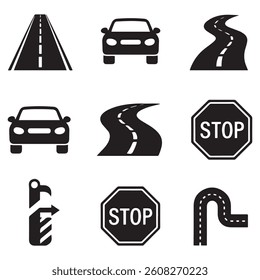 Silhouette Vector Black car road icons set. Highway symbols. Road signs. with white background