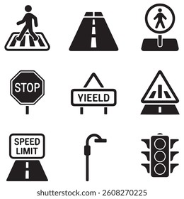 Silhouette Vector Black car road icons set. Highway symbols. Road signs. with white background