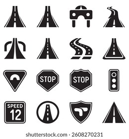 Silhouette Vector Black car road icons set. Highway symbols. Road signs. with white background