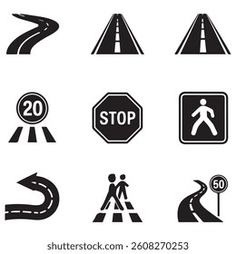 Silhouette Vector Black car road icons set. Highway symbols. Road signs. with white background