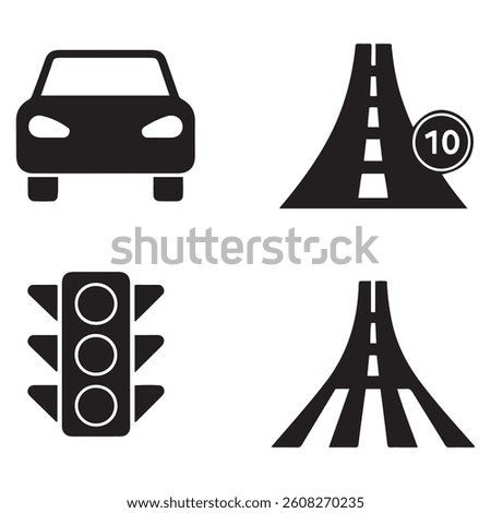 Silhouette Vector Black car road icons set. Highway symbols. Road signs. with white background