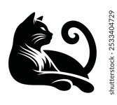Silhouette of vector black cat, feline, pet animal, kitten or kitty in on white background. Cute cat breed symbol, sticker or icon. Wild animal or cat silhouette doodle line art vector illustration