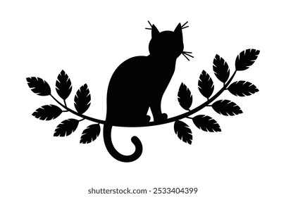 Silueta de gato negro de Vector, felino, animal doméstico, gatito o gatito en fondo blanco. Símbolo lindo de la raza del gato, etiqueta engomada o icono. Arte de línea de doodle de silueta de animal salvaje o gato con archivo de Vector