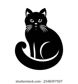 A silhouette of a vector black cat, feline, pet animal, kitten, or cat on a white background. Cute cat breed symbol, sticker, or icon. Wild animal or cat silhouette