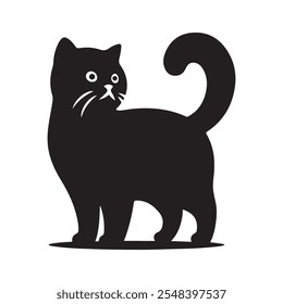 A silhouette of a vector black cat, feline, pet animal, kitten, or cat on a white background. Cute cat breed symbol, sticker, or icon. Wild animal or cat silhouette