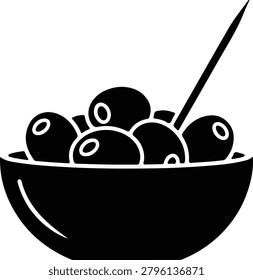 Silhouette vector black minimalist icon of a bowl filled with olives and a toothpick in it design