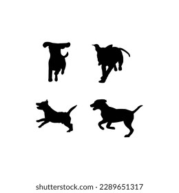 Vector de silueta de un perro saltando en blanco y negro.Ilustración vectorial de perro mascotas urbanas.Perros adultos y perritos.vector, silueta negra aislada de un perro, colección aislada en un fondo blanco.