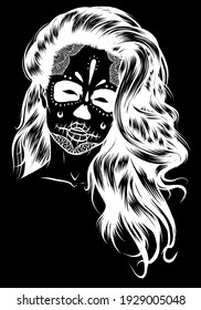 silhouette Vector Black and White Skull Candy Girl Illustration