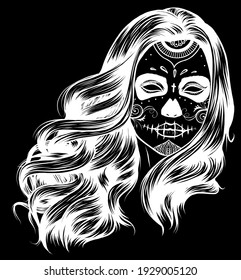 silhouette Vector Black and White Skull Candy Girl Illustration