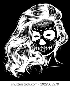Silhouette Vektor Black and White Skull Candy Girl Illustration