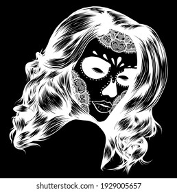 silhouette Vector Black and White Skull Candy Girl Illustration