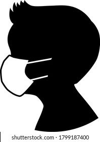 Silhouette vector of boy kid head wearing protective face mask covid-19 safety measures, covering child face to prevent spread of the virus.