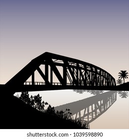 silhouette vector of bridge over the river with reflection. blue and grey blend background. EPS 8