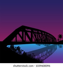 silhouette vector of bridge over the river with reflection. purple and blue blend background. EPS 8